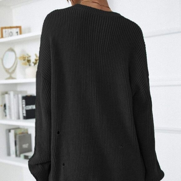 Black Preppy Womens Drop Shoulder Ripped Distressed Sweater Dress - Picture 2 of 5